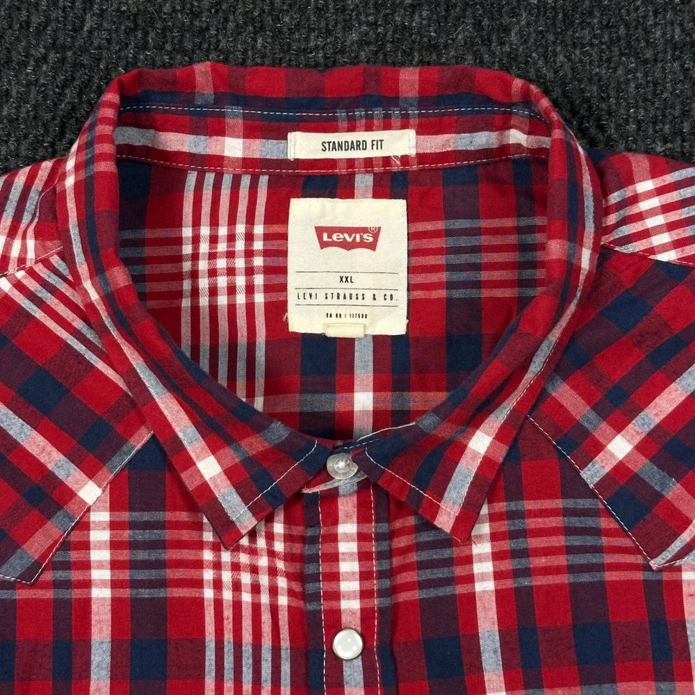 Levis Western Pearl Snap Shirt Mens XXL Red Plaid Short Sleeve Rodeo Cowboy
